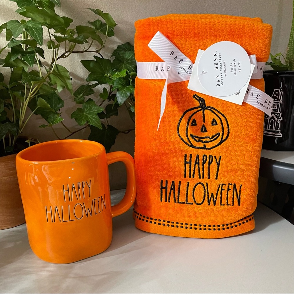 Rae Dunn HAPPY HALLOWEEN mug and hand towel bundle